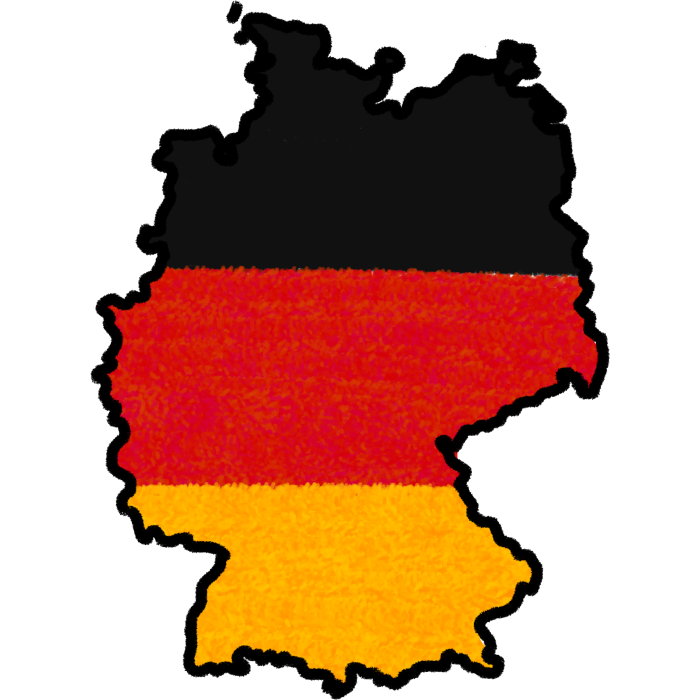 A land mass matching the shape of germany with a black outline and the interior matching the german flag: 3 stripes black, red, then yellow.